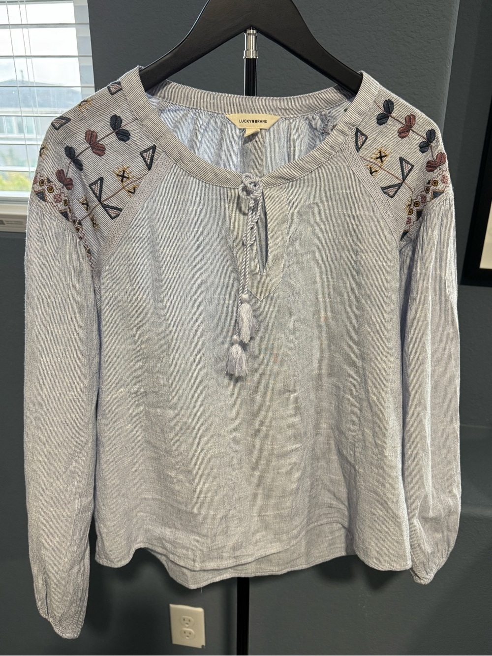 Lucky Brand Light Blue Embroidered Tie-Neck Blouse